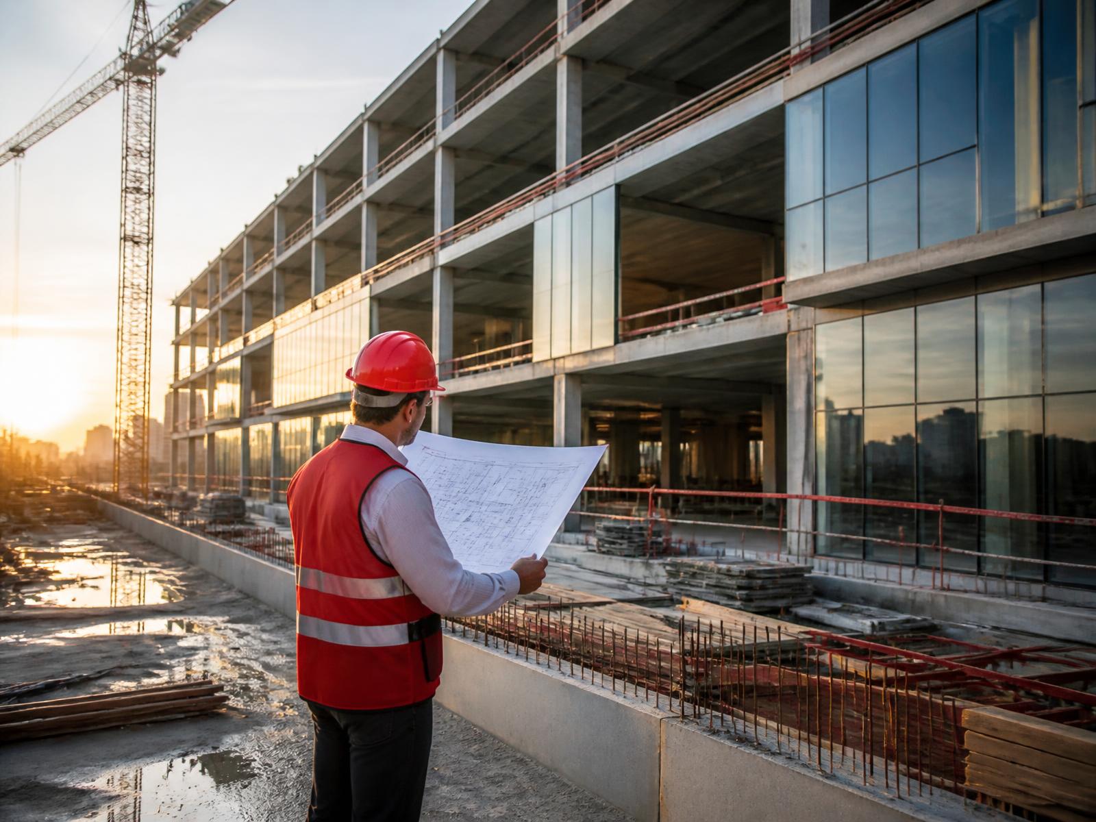Engenheiro analisando plantas em canteiro de obras ao entardecer